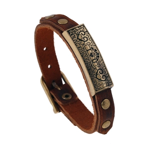 Retro Men Cowhide Leather Bracelet Multilayer Adjustable Punk Alloy Heart Plate Jewelry Brown I Love You Wristband