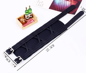 Detail view of black punk leather wristband showing 27.5cm length and dual metal buckles