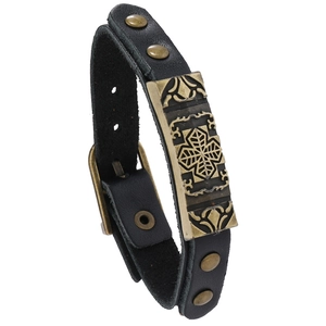 Retro black leather men's bracelet featuring embossed bronze metal plates and rivets