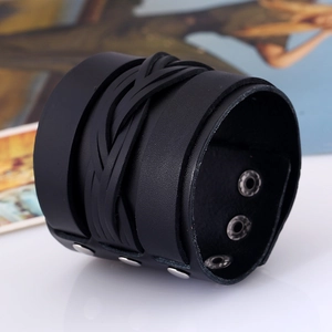 Retro punk black leather wide bracelet for men with woven texture and silver buckles