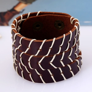 Mens dark brown leather bracelet with white contrast stitching and metallic snap buttons