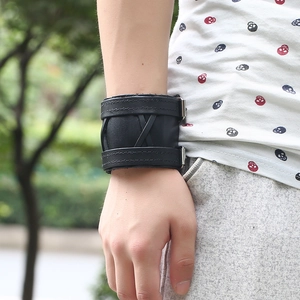 Men's retro punk wide black leather bracelet with double buckle and cross-stitch detail