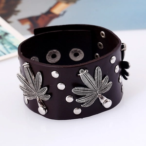 Brown wide leather punk bracelet with silver maple leaf metal charms and stud rivets