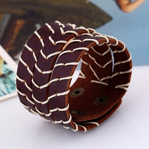 Punk vintage wide brown leather bracelet for men featuring white braided stitching and snaps