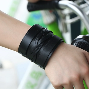 Men's retro wide black leather punk bracelet with woven texture and metal rivets