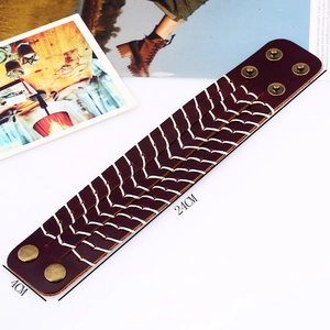 Men's retro wide brown cowhide leather bracelet with white stitching and brass snaps