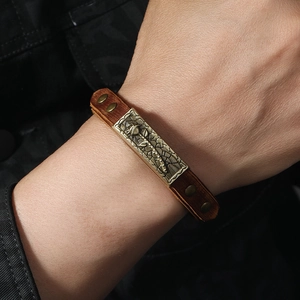 Vintage brown leather bracelet for men with bronze rose embossed metal plaque