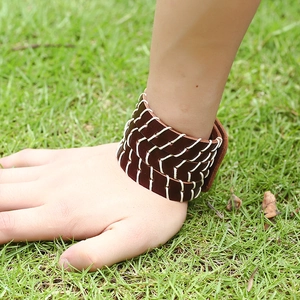Retro punk dark brown wide leather bracelet with white stitching for men
