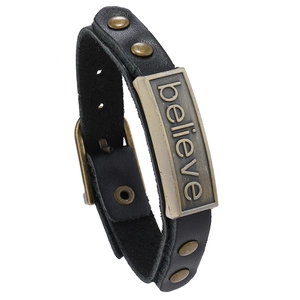 Retro black leather bracelet with bronze 'Believe' metal plate and adjustable buckle