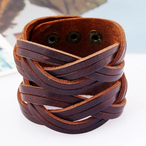 Men's wide dark brown woven leather bracelet with vintage bronze snap buttons