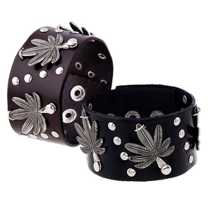 Vintage Punk Men Genuine Cowhide Leather Bracelet With Rivet And Alloy Leaf Charm Adjustable Wide Cuff Wristband Jewelry