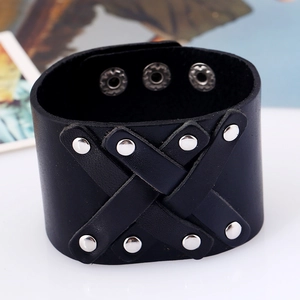 Men's retro punk wide leather bracelet with silver rivets and snap button closure