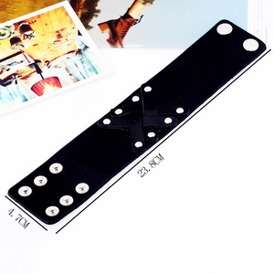 Men's punk vintage black leather wide bracelet with silver rivets and buckle