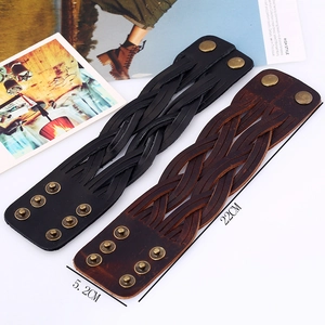 Retro multi-layer braided cowhide leather wide bracelet with bronze metal snap buttons