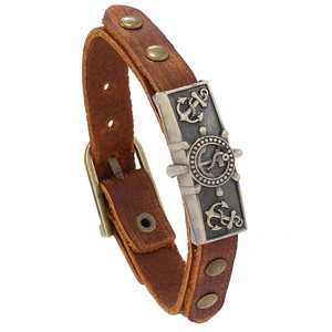 Punk brown leather nautical bracelet with bronze anchor and helm rivets on white background
