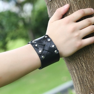 Men's retro punk wide black leather bracelet with braided straps and silver rivets