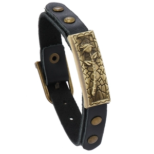 Retro black leather bracelet with embossed bronze rose metal plate and buckle closure
