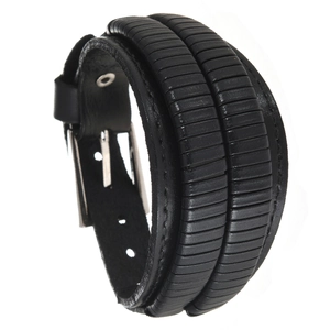 Men's punk black leather wide bracelet with adjustable silver buckle and woven texture