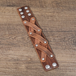 Vintage multilayer brown leather punk bracelet for men with silver metal snap buttons
