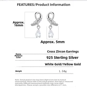 Detailed size specifications for 925 sterling silver cross drop earrings with cubic zirconia