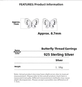 Detailed dimensions and parameters of the 925 sterling silver butterfly screw earrings