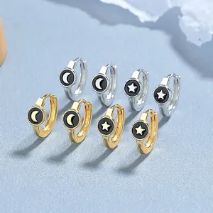 925 Sterlingsilber Stern Mond Creolen Schwarz Emaille Minimalistische Runde Ohrklemme Set Für Damen Mode Schmuck Geschenk