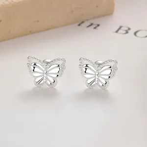 925 Sterling Silver Butterfly Screw Back Stud Earrings Sweet Fashion Hollow Animal Shape Minimalist Jewelry For Women