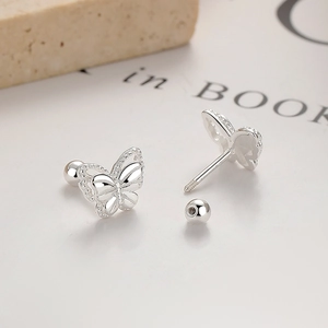 Polished 925 sterling silver butterfly stud earrings with secure screw ball back closure