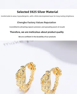 Detailed view of S925 sterling silver dragon hoop earrings with thick gold plating