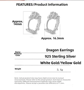 Detailed dimension guide for 925 sterling silver dragon earrings with sizing details