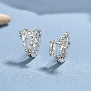 925 sterling silver star hoop earrings with sparkling pavé cubic zirconia at 45-degree angle