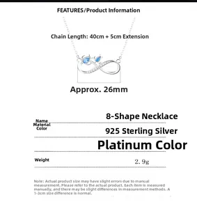 Detailed specs of 925 sterling silver infinity turtle necklace with blue cubic zirconia