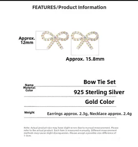 Vue détaillée du kit bijoux nœud en argent 925 serti de zircons et dimensions exactes