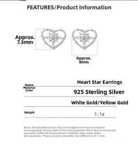 Technical specification of 925 silver heart and star stud earring with measurements