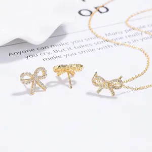 Parure de Bijoux en Argent Sterling 925 Avec Boucles d'Oreilles Clous Nœud en Strass Collier Pendentif pour Femme Accessoires