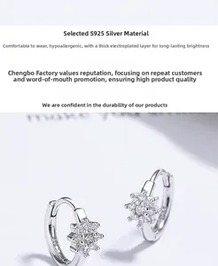 Détail de boucles d'oreilles flocon en argent 925 avec zirconiums et poinçon de garantie