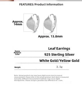 Detailed specs of 925 sterling silver leaf hoop earrings in gold and white gold finishes
