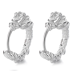 Polished 925 sterling silver dragon head hoop earrings with intricate vintage scales