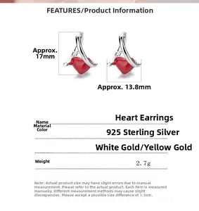 Detailed view of 925 sterling silver heart earrings with dimensions and specifications