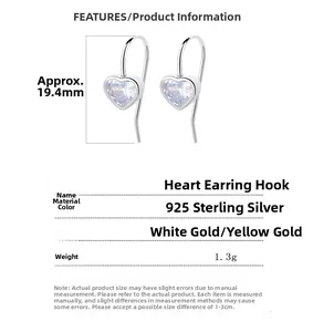 Détails des boucles d'oreilles cœur en argent 925 avec zircone et dimensions