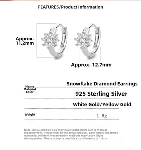 Spécifications de taille détaillées pour boucles d'oreilles flocon en argent 925 et zircons