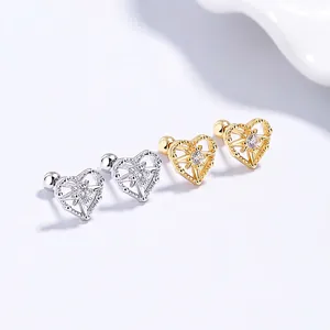 925 Sterling Silver Heart Starburst Screw Back Stud Earrings For Women Rhinestone Inlaid Fashion Piercing Jewelry Accessory