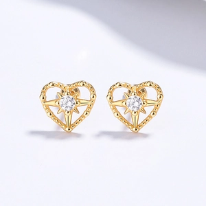 925 silver gold-plated heart stud earrings with starburst zircon and beaded edges