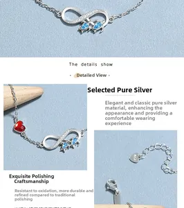 Détail du bracelet infini en argent S925 avec tortues bleues et zircon de cœur rouge