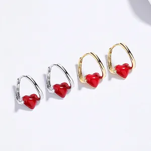925 Sterling Silver Red Enamel Heart Hoop Earrings For Women Minimalist Fashion Heart Shaped Dainty Jewelry Gift