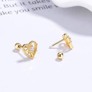 Gold-plated 925 silver heart stud earrings with starburst zircon and screw back closure