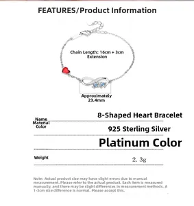Paramètres de taille détaillés du bracelet cœur infini en argent 925 avec dimensions
