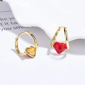 Elegant 925 sterling silver gold-plated heart drop earrings with red enamel finish