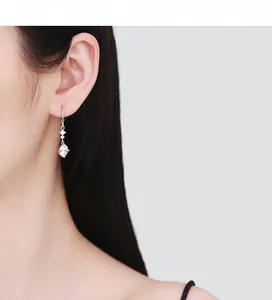 Vue détaillée de boucles d'oreilles pampilles en argent et zircon sur un modèle