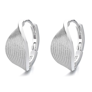 Elegant 925 sterling silver leaf hoop earrings with textured finish on white background